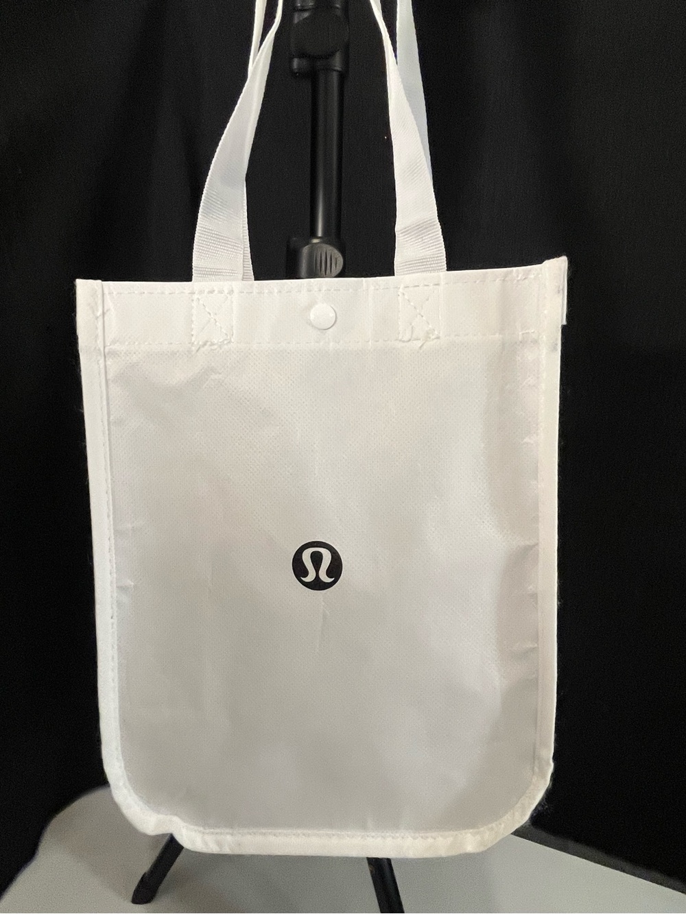 Lululemon Small Reusable Shopping Tote White Black Logo Snap Closure